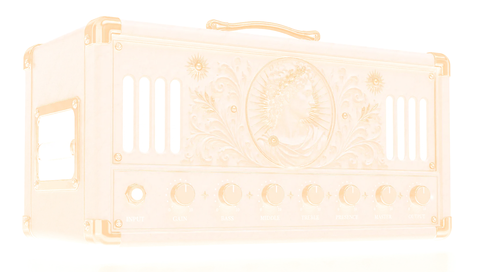 Portland — a marble amplifier head with a gold laurelled bust in relief