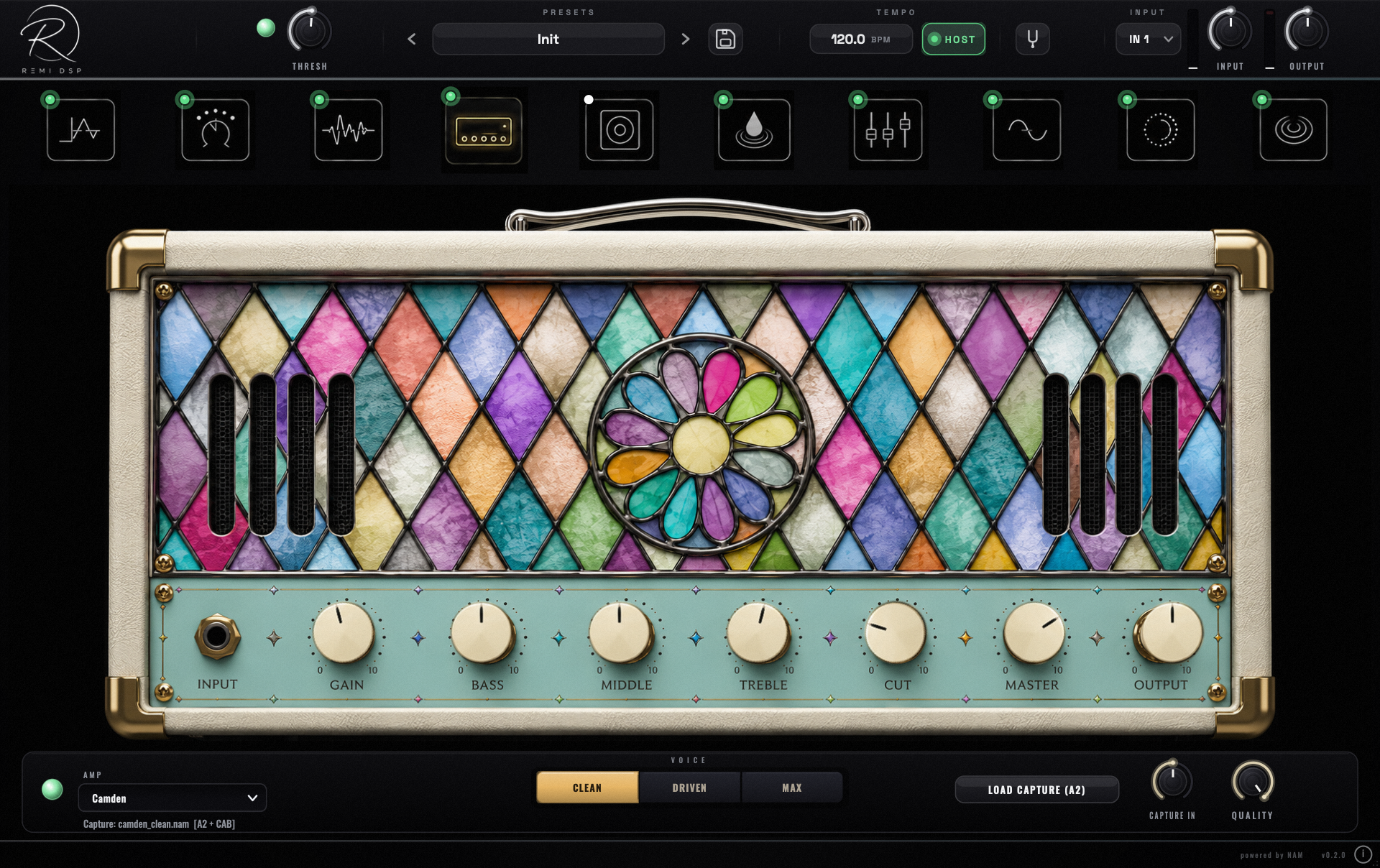The Maine plugin window — the Camden amplifier head with its voice selector, the effects chain along the top and the capture readout below