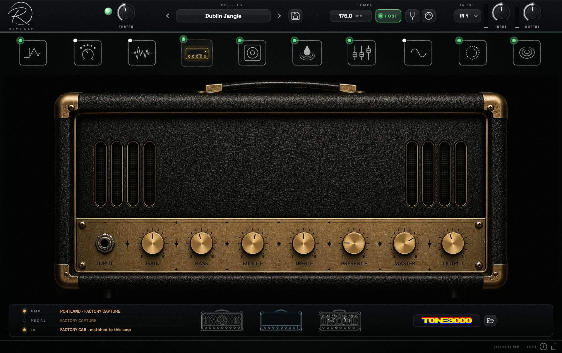 The Maine plugin window — the Portland head in black tolex and gold, the effects chain along the top and the capture drawer below