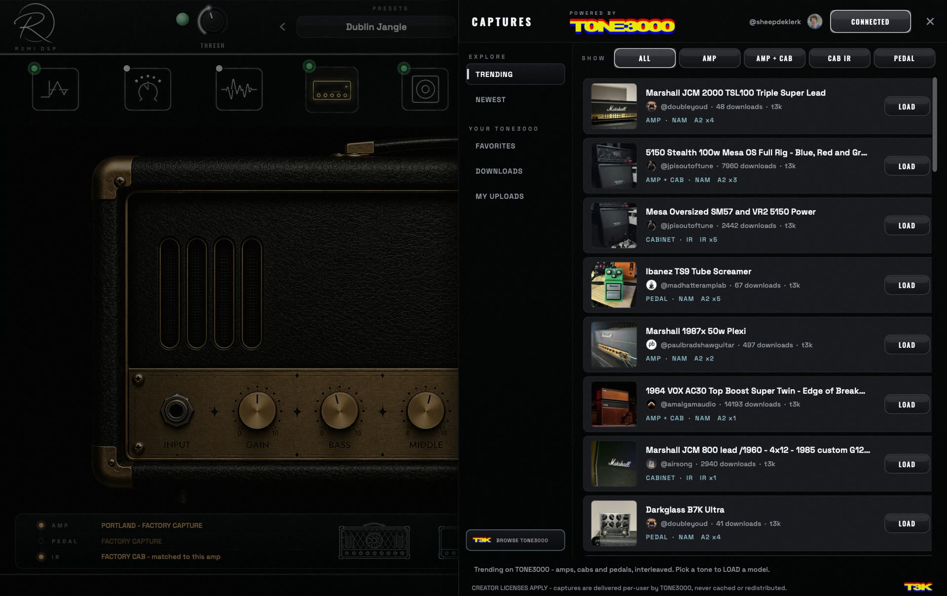 Maine's CAPTURES drawer, powered by TONE3000, slid open over the amp inside the plugin window — a sidebar for Trending, Newest and your own favorites, downloads and uploads, a filter row for amp, amp and cab, cab IR and pedal, and a scrolling list of captures. Each row shows the capture's artwork, its creator, its download count and a LOAD button.