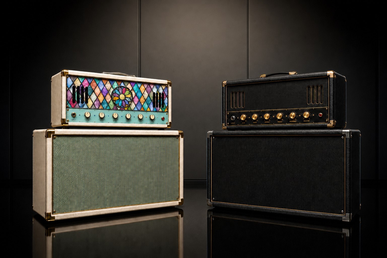 The Camden and Portland amplifier heads on their 2x12 cabinets, angled toward each other in the studio