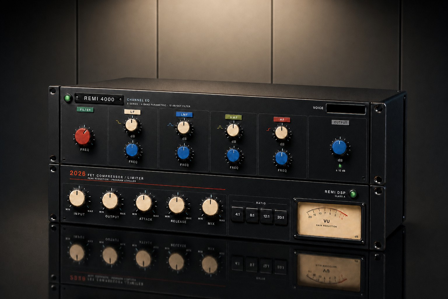 The REMI 4000 channel EQ and the 2026 FET compressor racked together on the studio desk