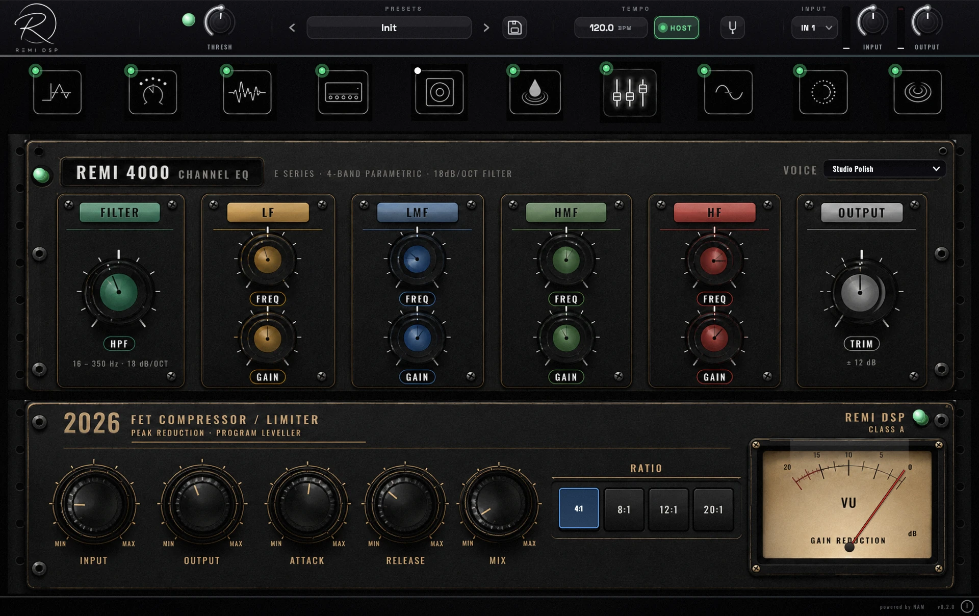 REMI DSP studio strip — REMI 4000 channel EQ and 2026 FET compressor